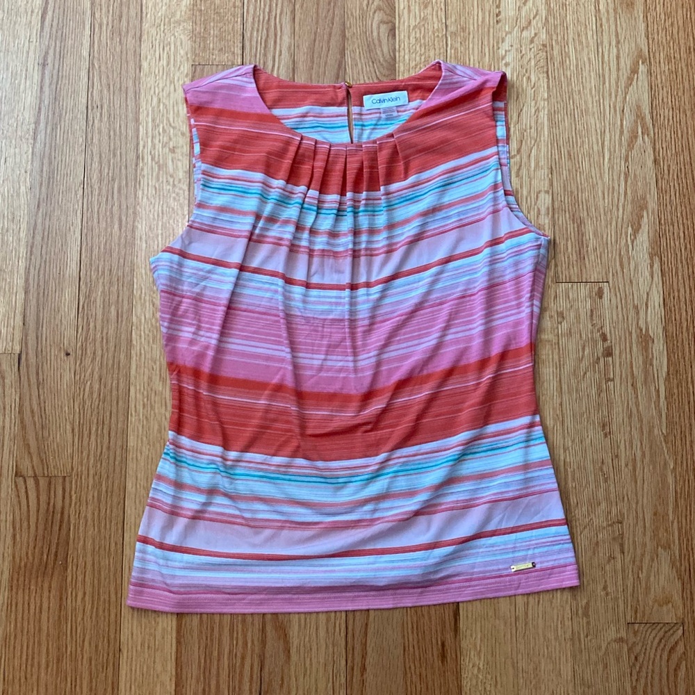 Calvin Klein Dressy Sleeveless Blouse - Pink and White - M - EUC